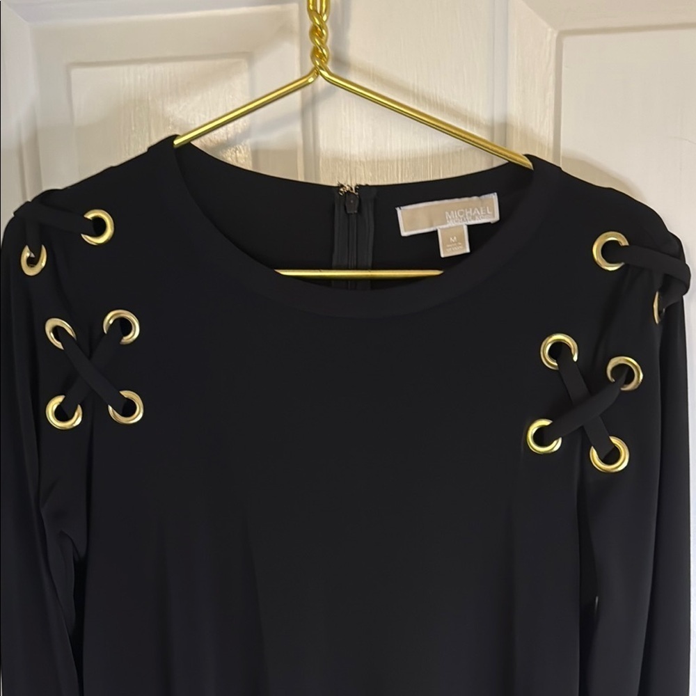 Michael Kors Black and Gold Long Sleeve Stretch Midi Dress, Zipper Back - Picture 2 of 9